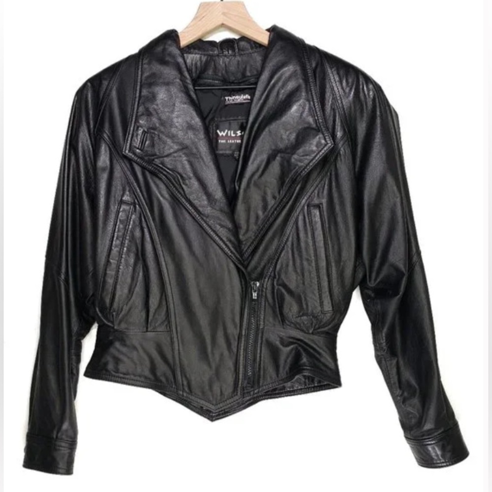 Wilsons Leather Cropped Moto Jacket XS Black Zip Removable Thinsulate Lining